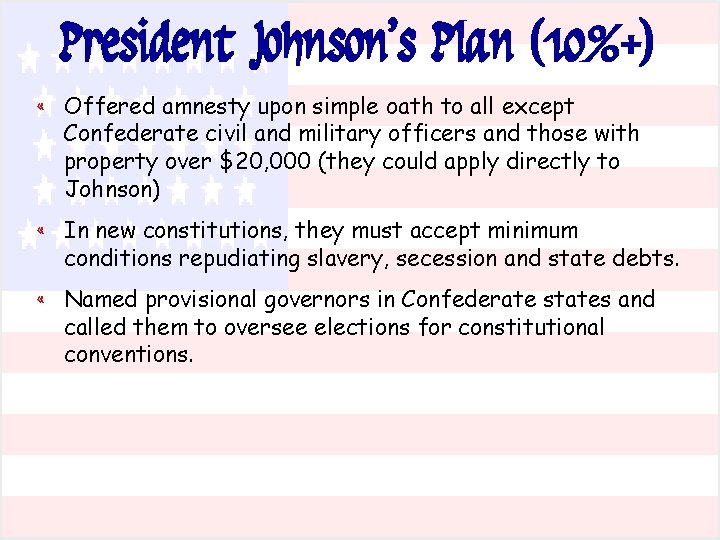 President Johnson’s Plan (10%+) « Offered amnesty upon simple oath to all except Confederate