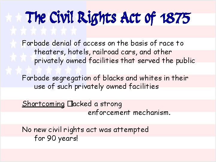 The Civil Rights Act of 1875 Forbade denial of access on the basis of