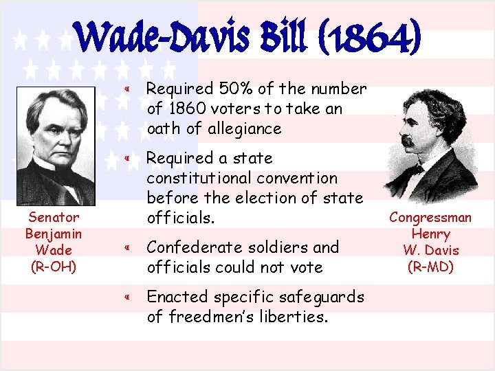 Wade-Davis Bill (1864) « Required 50% of the number of 1860 voters to take