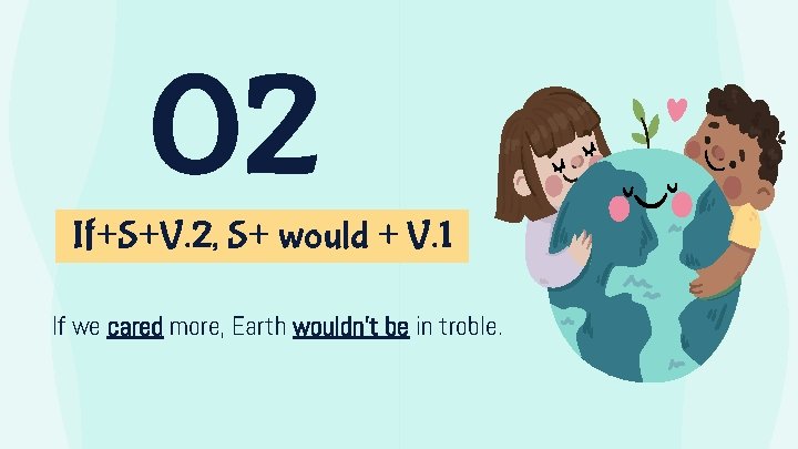 02 If+S+V. 2, S+ would + V. 1 If we cared more, Earth wouldn’t