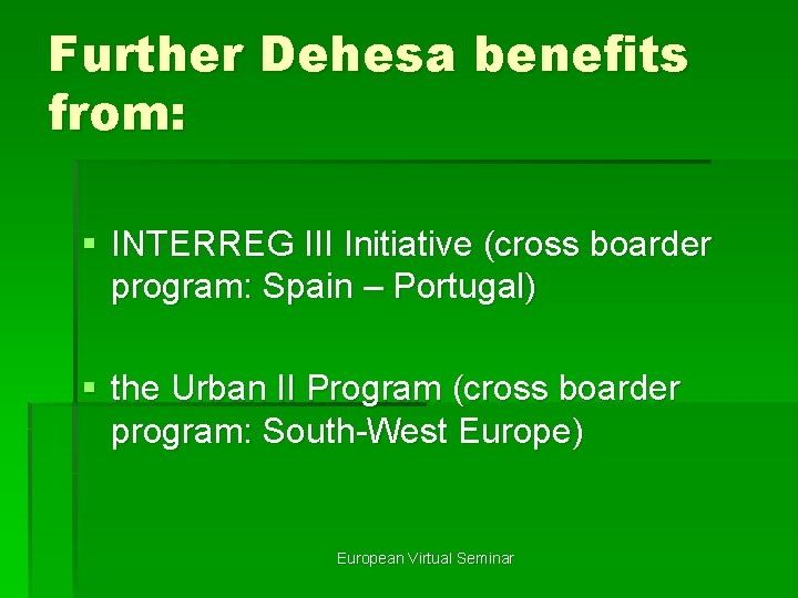 Further Dehesa benefits from: § INTERREG III Initiative (cross boarder program: Spain – Portugal)
