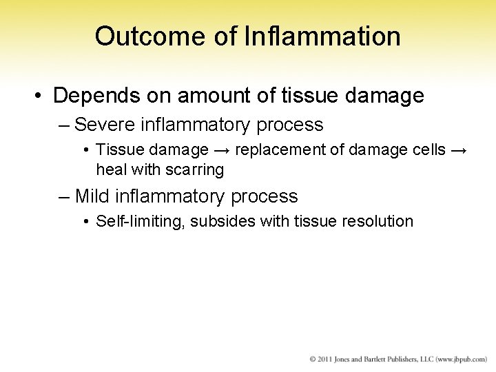 Outcome of Inflammation • Depends on amount of tissue damage – Severe inflammatory process