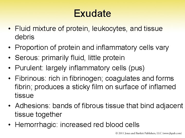 Exudate • Fluid mixture of protein, leukocytes, and tissue debris • Proportion of protein