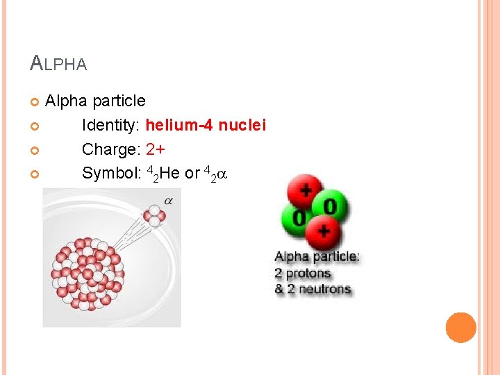 ALPHA Alpha particle Identity: helium-4 nuclei Charge: 2+ Symbol: 42 He or 42 