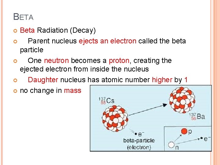 BETA Beta Radiation (Decay) Parent nucleus ejects an electron called the beta particle One BETA Beta Radiation (Decay) Parent nucleus ejects an electron called the beta particle One