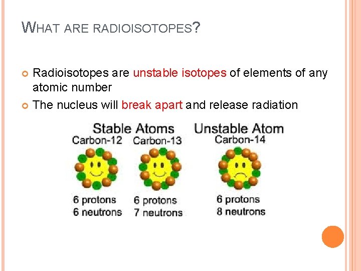 WHAT ARE RADIOISOTOPES? Radioisotopes are unstable isotopes of elements of any atomic number The