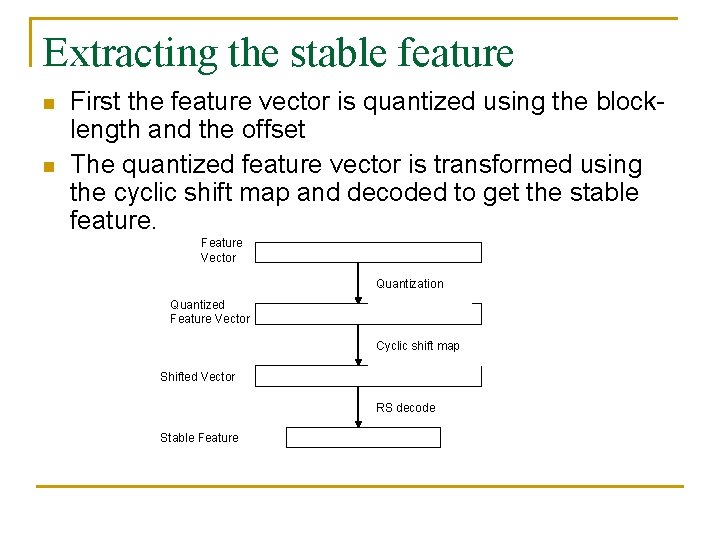 Extracting the stable feature n n First the feature vector is quantized using the