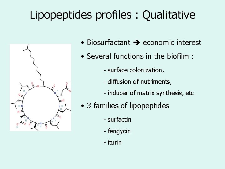 Lipopeptides profiles : Qualitative • Biosurfactant economic interest • Several functions in the biofilm