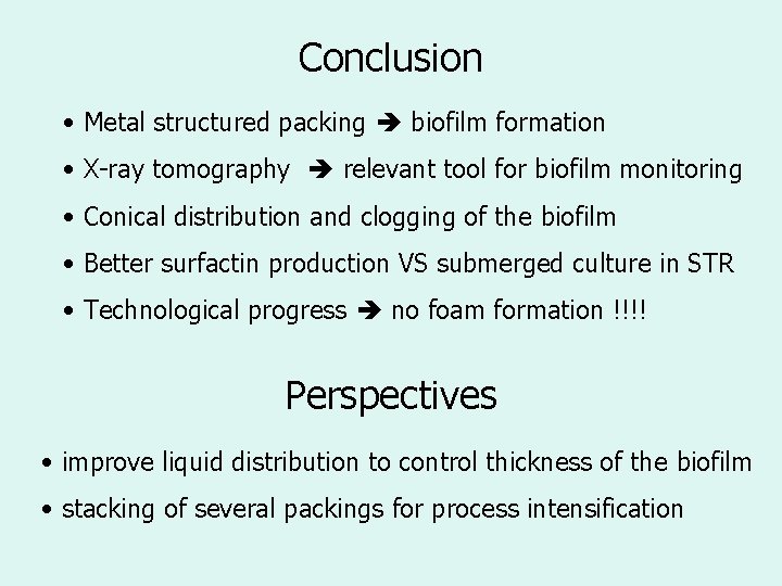 Conclusion • Metal structured packing biofilm formation • X-ray tomography relevant tool for biofilm