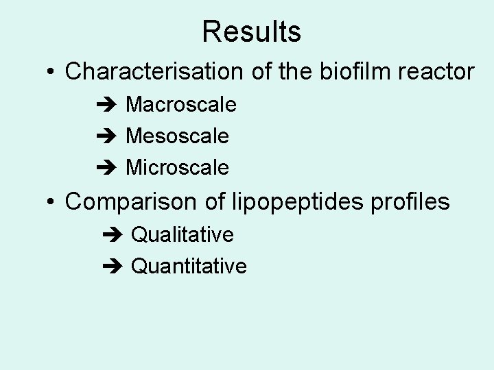 Results • Characterisation of the biofilm reactor Macroscale Mesoscale Microscale • Comparison of lipopeptides