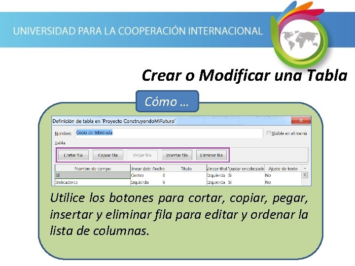 Crear o Modificar una Tabla Cómo … Utilice los botones para cortar, copiar, pegar,