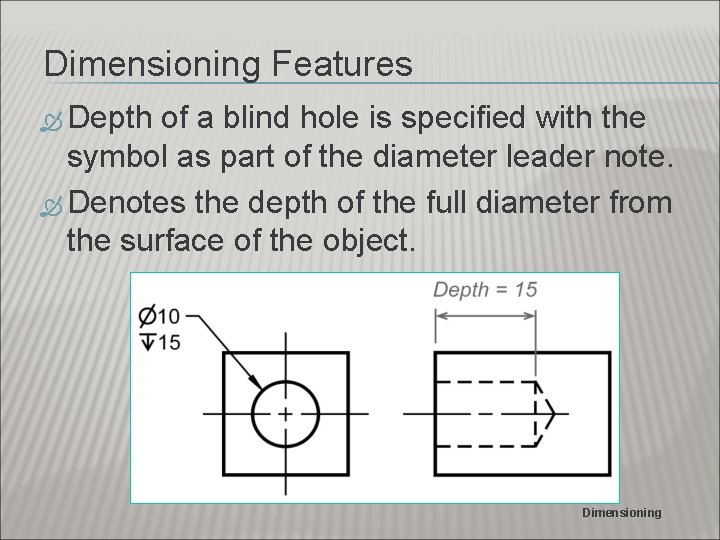 Dimensioning Features Depth of a blind hole is specified with the symbol as part