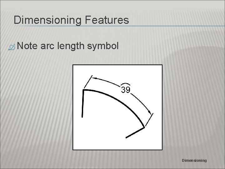 Dimensioning Features Note arc length symbol Dimensioning 