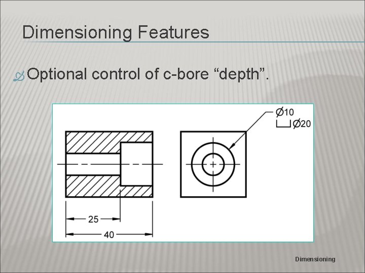 Dimensioning Features Optional control of c-bore “depth”. Dimensioning 