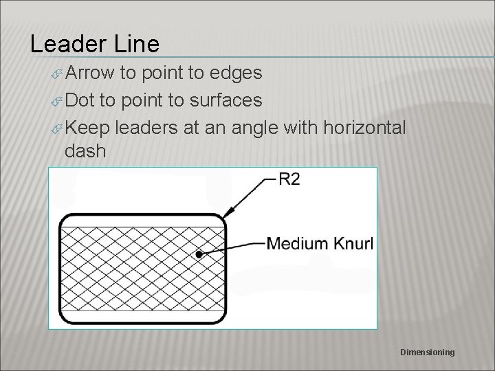 Leader Line Arrow to point to edges Dot to point to surfaces Keep leaders