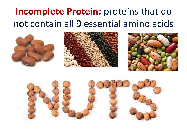 Incomplete Protein: proteins that do not contain all 9 essential amino acids 