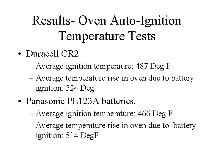 Results- Oven Auto-Ignition Temperature Tests • Duracell CR 2 – Average ignition temperaure: 487