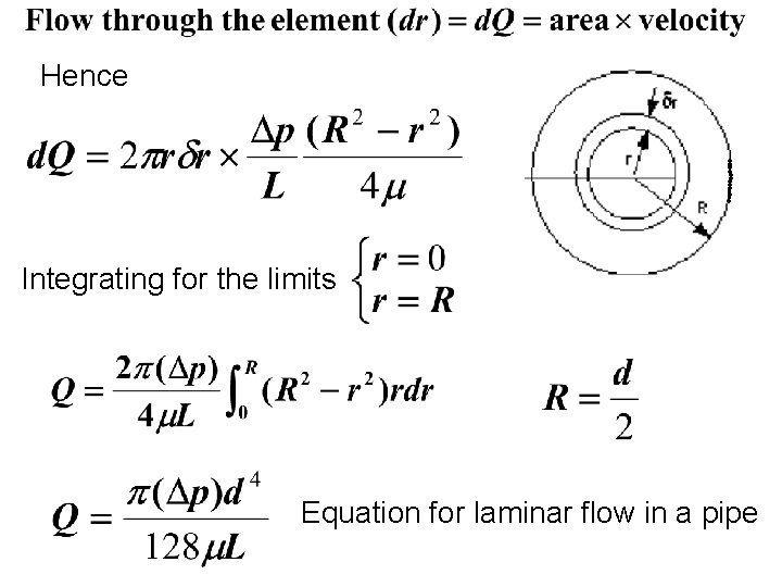 Hence Integrating for the limits Equation for laminar flow in a pipe 