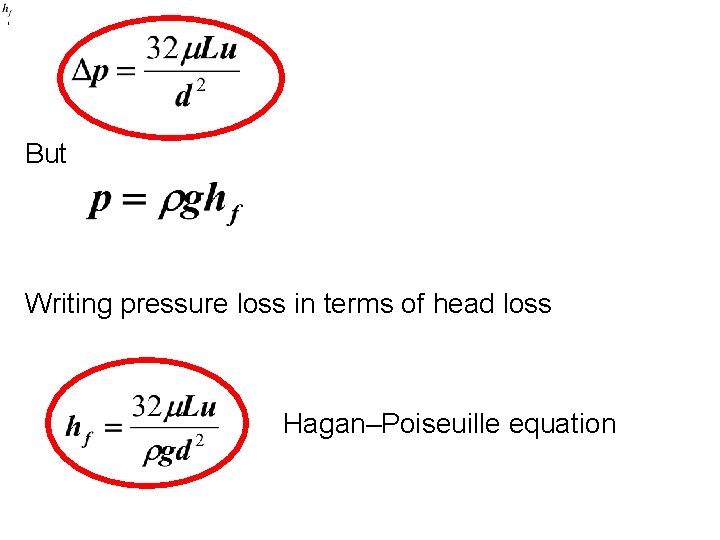 , But Writing pressure loss in terms of head loss Hagan–Poiseuille equation 
