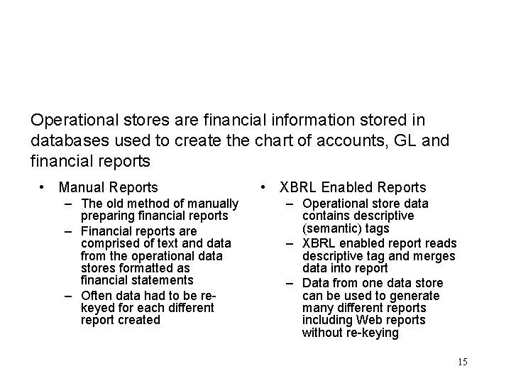 Operational stores are financial information stored in databases used to create the chart of