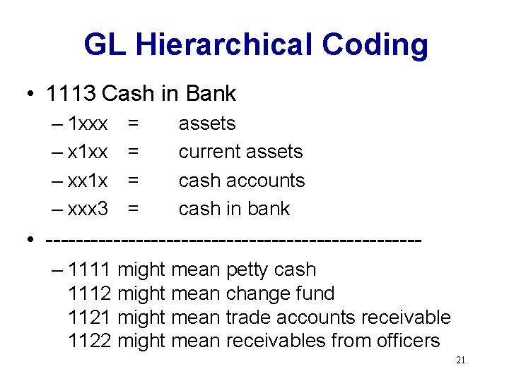 GL Hierarchical Coding • 1113 Cash in Bank – 1 xxx – x 1