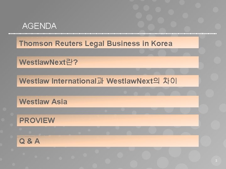 AGENDA Thomson Reuters Legal Business in Korea Westlaw. Next란? Westlaw International과 Westlaw. Next의 차이