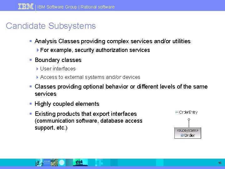 IBM Software Group | Rational software Candidate Subsystems § Analysis Classes providing complex services