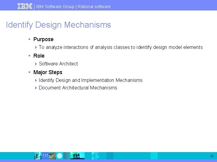 IBM Software Group | Rational software Identify Design Mechanisms § Purpose 4 To analyze