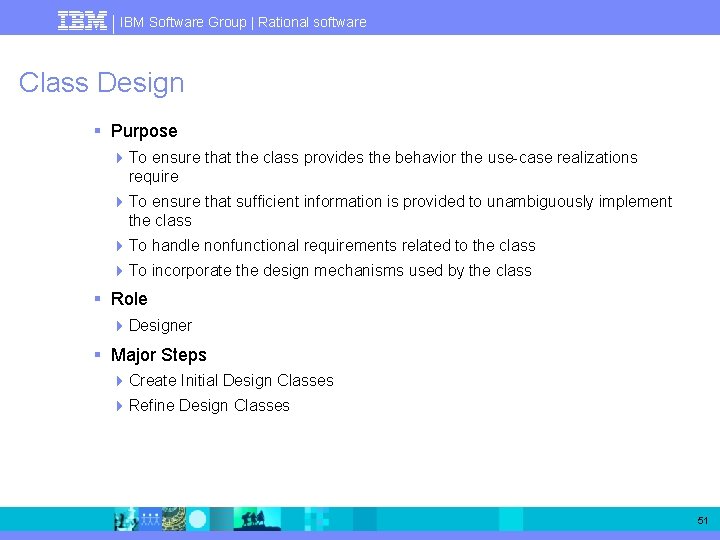 IBM Software Group | Rational software Class Design § Purpose 4 To ensure that