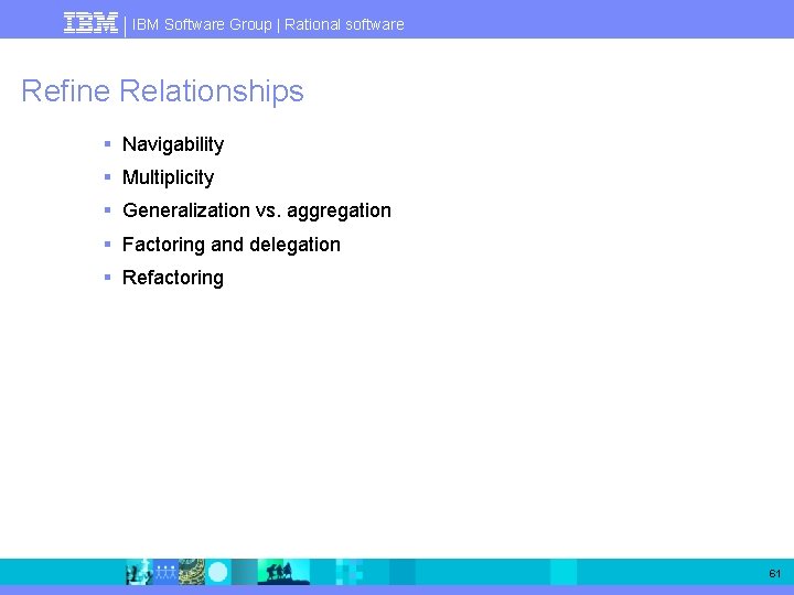 IBM Software Group | Rational software Refine Relationships § Navigability § Multiplicity § Generalization