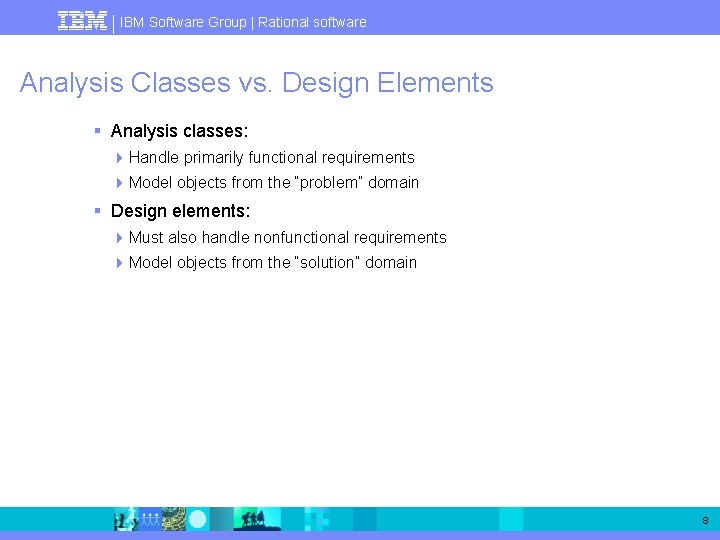 IBM Software Group | Rational software Analysis Classes vs. Design Elements § Analysis classes: