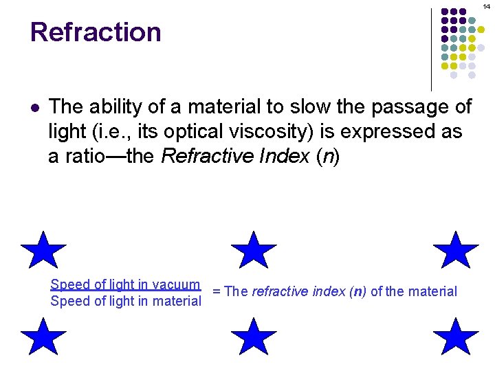 14 Refraction l The ability of a material to slow the passage of light