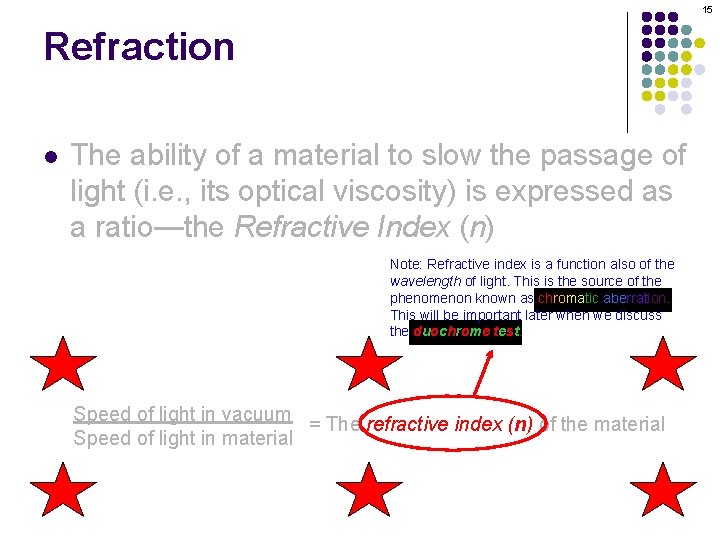 15 Refraction l The ability of a material to slow the passage of light