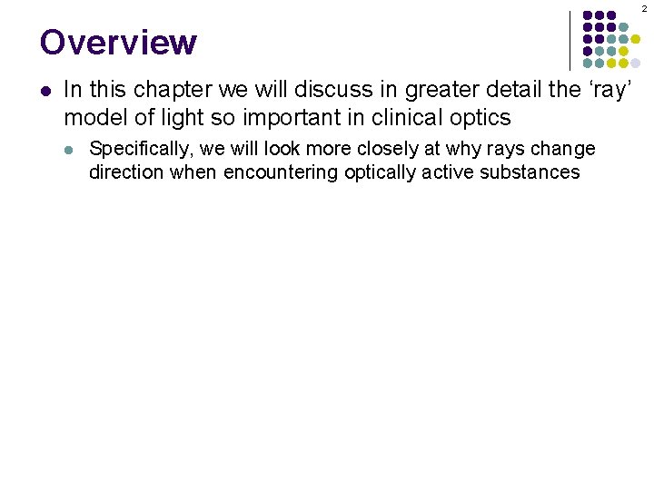 2 Overview l In this chapter we will discuss in greater detail the ‘ray’