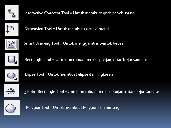 Interactive Conector Tool = Untuk membuat garis penghubung Dimension Tool = Untuk membuat garis