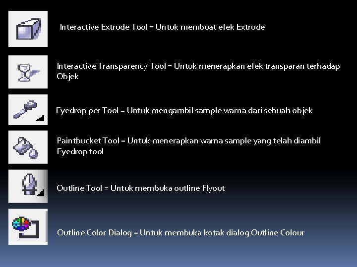 Interactive Extrude Tool = Untuk membuat efek Extrude Interactive Transparency Tool = Untuk menerapkan