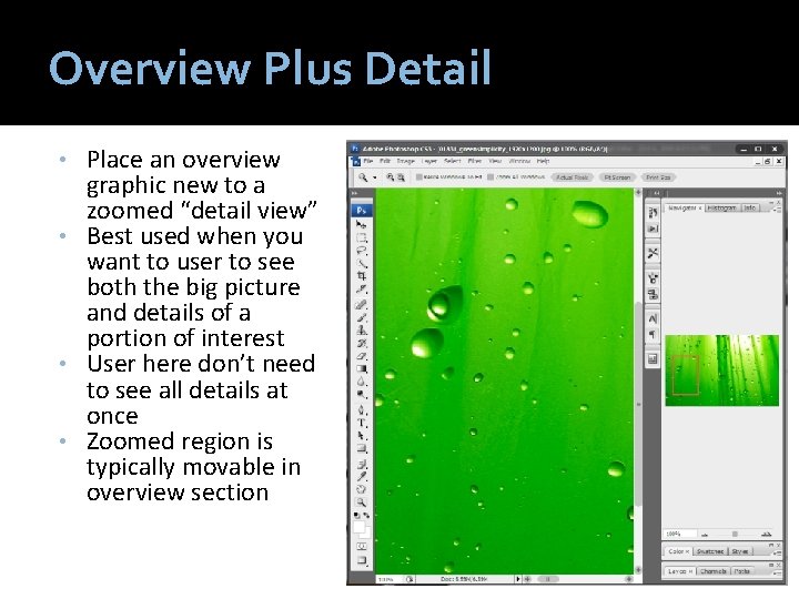 Overview Plus Detail Place an overview graphic new to a zoomed “detail view” •