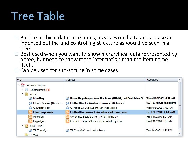 Tree Table Put hierarchical data in columns, as you would a table; but use
