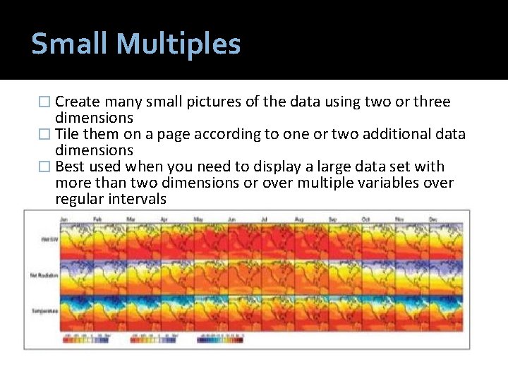 Small Multiples � Create many small pictures of the data using two or three