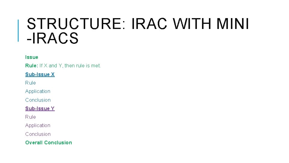 STRUCTURE: IRAC WITH MINI -IRACS Issue Rule: If X and Y, then rule is