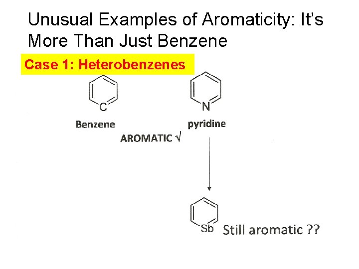 Unusual Examples of Aromaticity: It’s More Than Just Benzene Case 1: Heterobenzenes Unusual Examples of Aromaticity: It’s More Than Just Benzene Case 1: Heterobenzenes