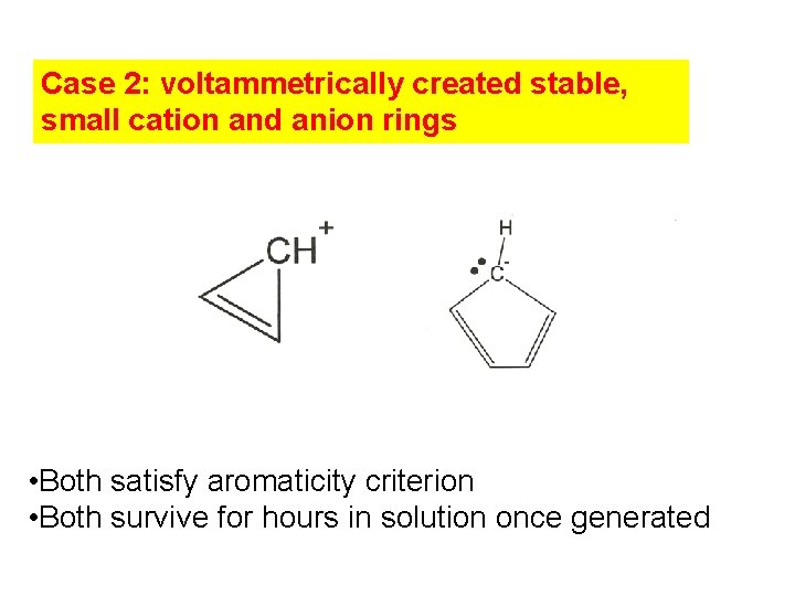 Case 2: voltammetrically created stable, small cation and anion rings • Both satisfy aromaticity Case 2: voltammetrically created stable, small cation and anion rings • Both satisfy aromaticity