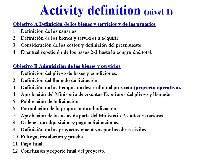 Activity definition (nivel 1) Objetivo A Definición de los bienes y servicios y de