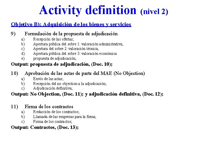 Activity definition (nivel 2) Objetivo B): Adquisición de los bienes y servicios 9) Formulación