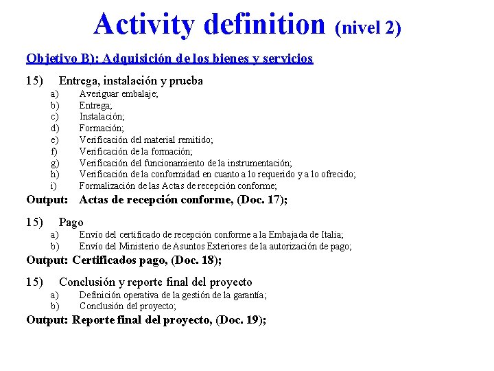 Activity definition (nivel 2) Objetivo B): Adquisición de los bienes y servicios 15) Entrega,