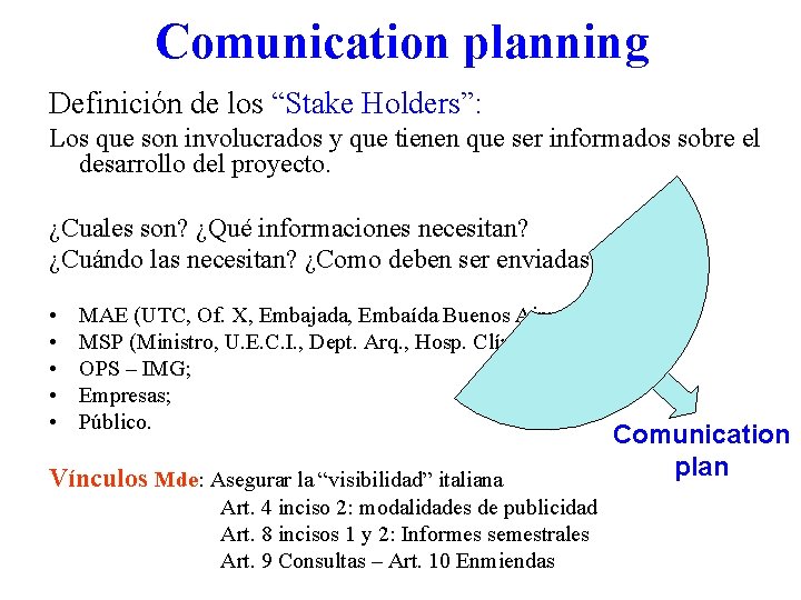 Comunication planning Definición de los “Stake Holders”: Los que son involucrados y que tienen