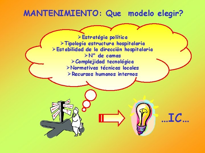 MANTENIMIENTO: Que modelo elegir? ØEstratégia política ØTipología estructura hospitalaria ØEstabilidad de la direcciòn hospitalaria