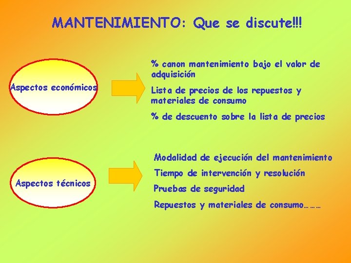 MANTENIMIENTO: Que se discute!!! % canon mantenimiento bajo el valor de adquisición Aspectos económicos