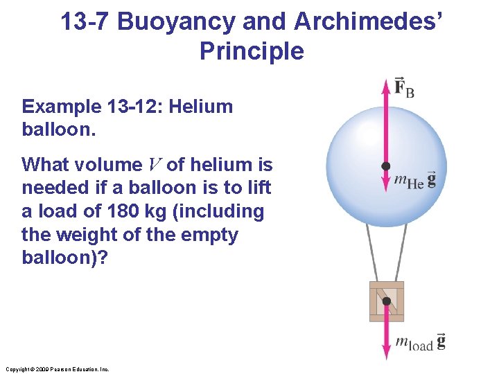 13 -7 Buoyancy and Archimedes’ Principle Example 13 -12: Helium balloon. What volume V