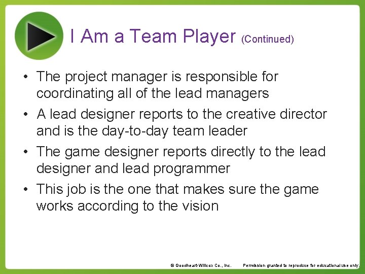 I Am a Team Player (Continued) • The project manager is responsible for coordinating